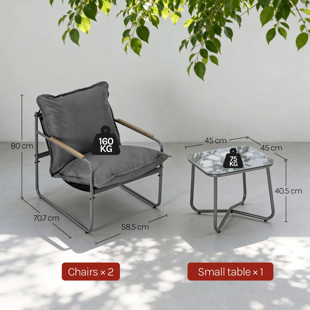WOLTU Ergonomic Square Glass Top Table and 2 Armchairs with Cushion Seat Metal Frame Garden Furniture Set for Garden Balcony