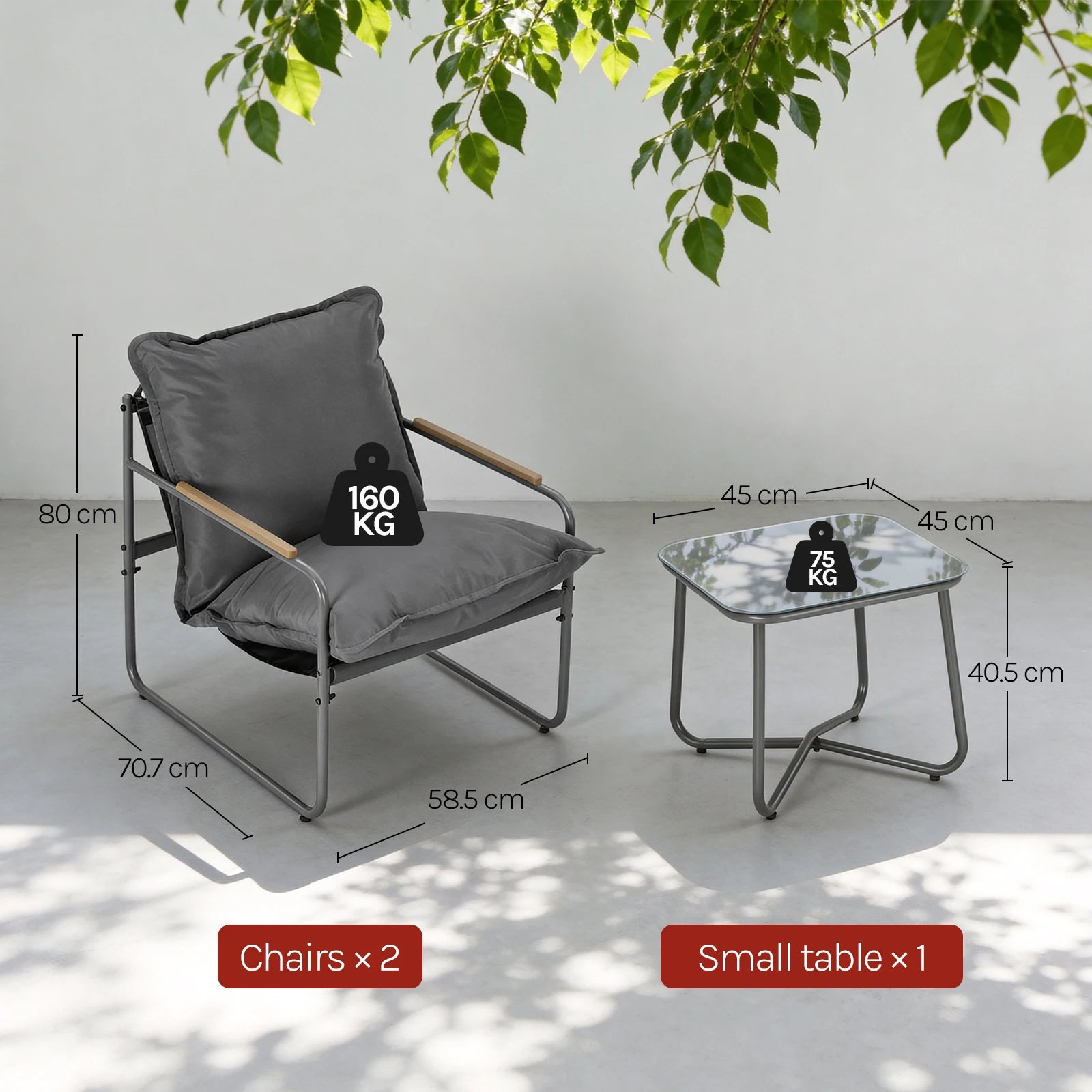 WOLTU Ergonomic Square Glass Top Table and 2 Armchairs with Cushion Seat Metal Frame Garden Furniture Set for Garden Balcony