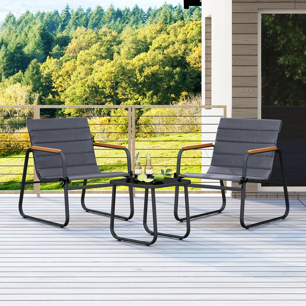 3 Pieces Patio Bistro Set, Outdoor Fabric Conversation Set with Cushions and Tempered Glass Coffee Table
