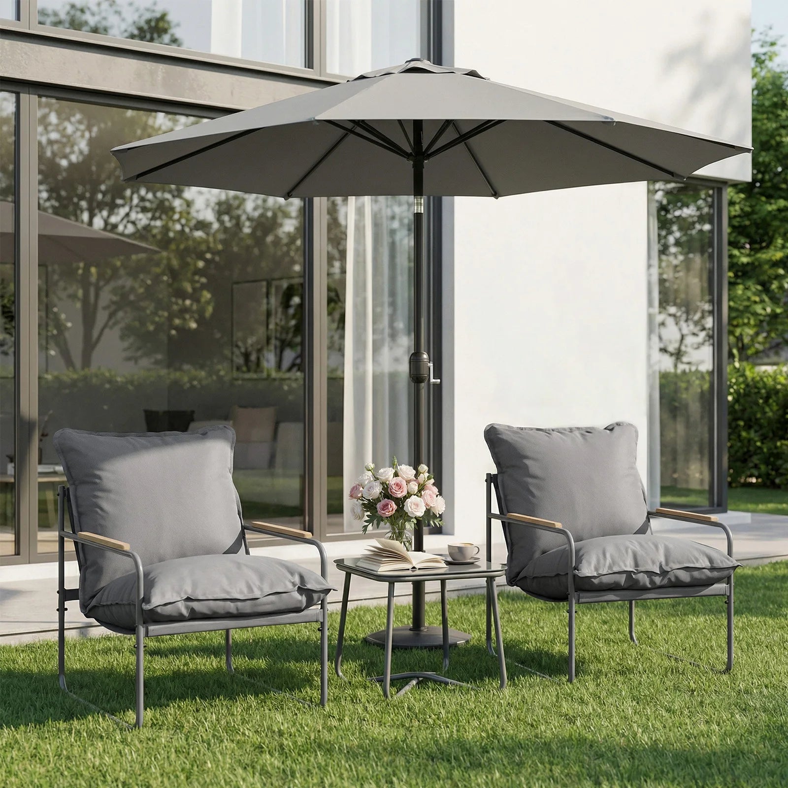 WOLTU Ergonomic Square Glass Top Table and 2 Armchairs with Cushion Seat Metal Frame Garden Furniture Set for Garden Balcony