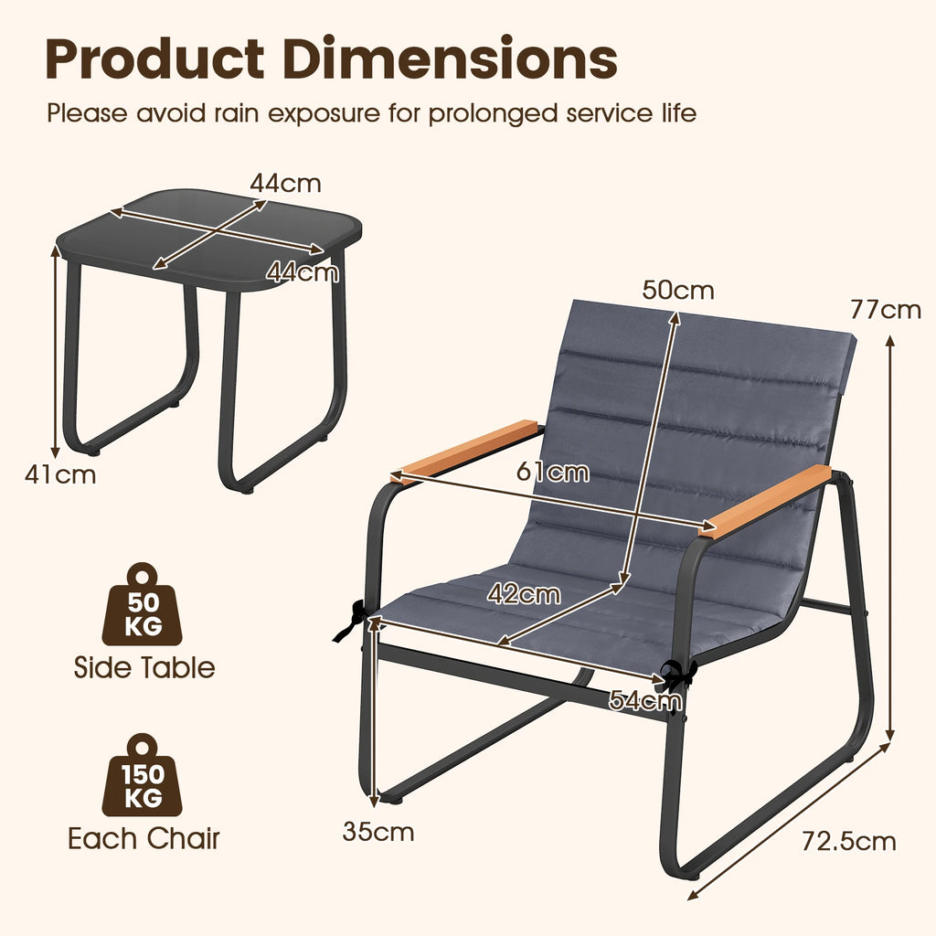3 Pieces Patio Bistro Set, Outdoor Fabric Conversation Set with Cushions and Tempered Glass Coffee Table