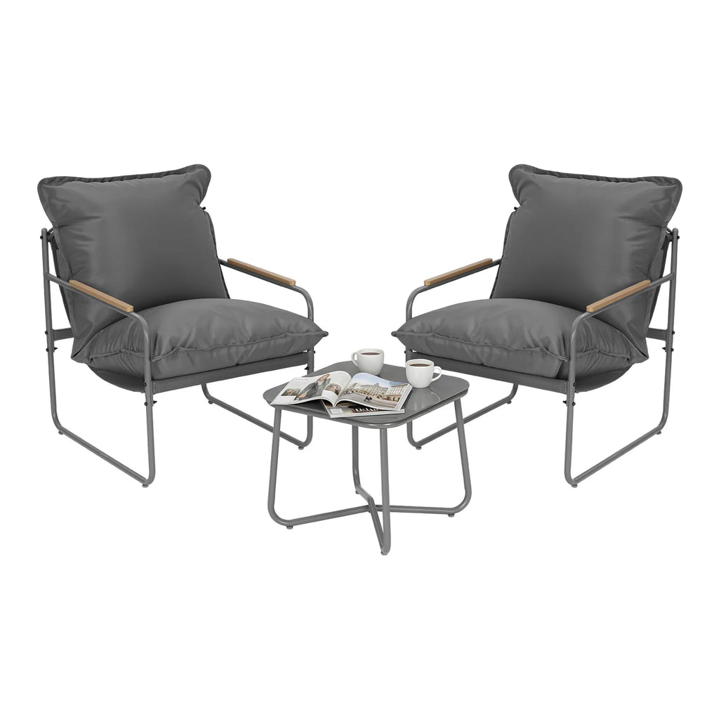 WOLTU Ergonomic Square Glass Top Table and 2 Armchairs with Cushion Seat Metal Frame Garden Furniture Set for Garden Balcony