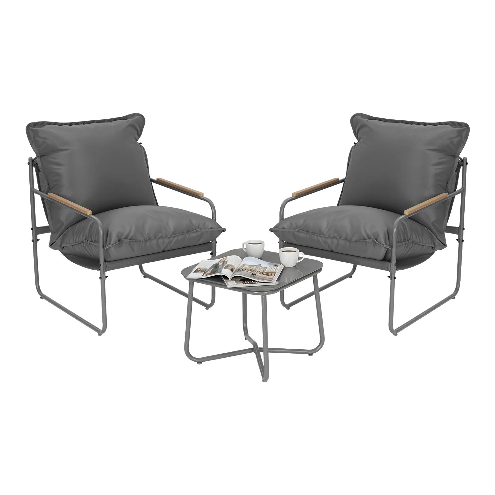 WOLTU Ergonomic Square Glass Top Table and 2 Armchairs with Cushion Seat Metal Frame Garden Furniture Set for Garden Balcony