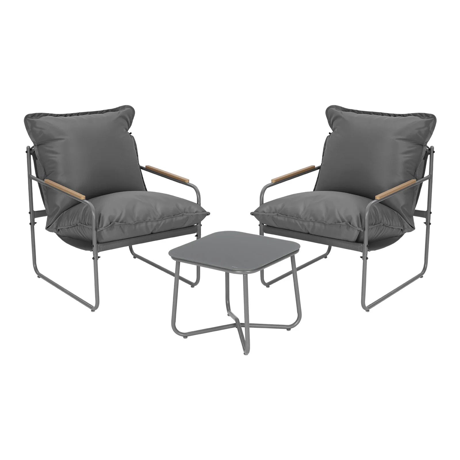 WOLTU Ergonomic Square Glass Top Table and 2 Armchairs with Cushion Seat Metal Frame Garden Furniture Set for Garden Balcony