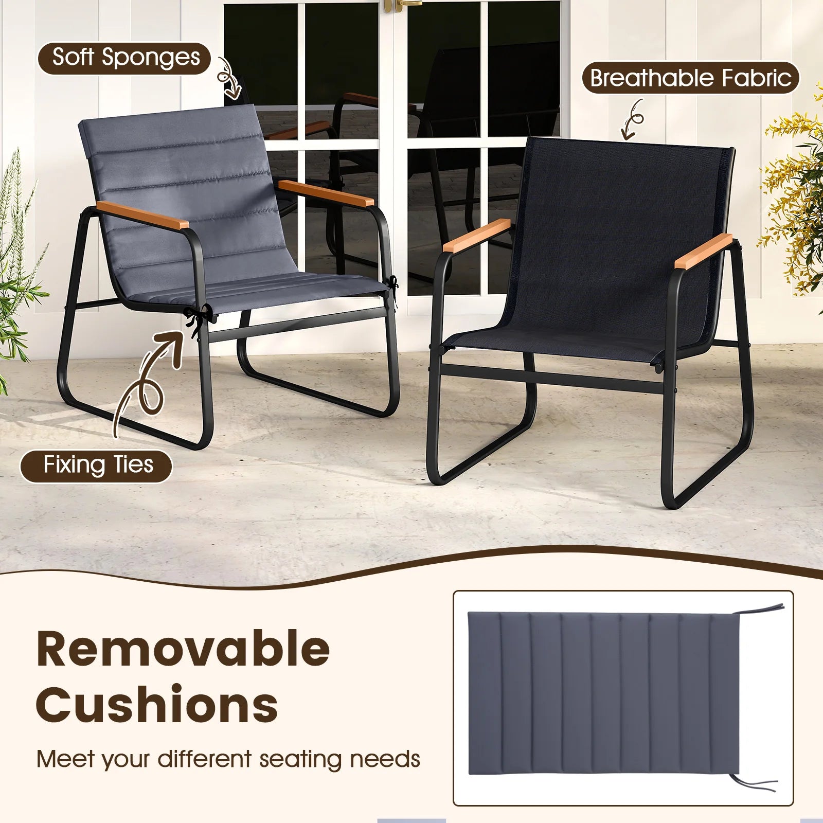 3 Pieces Patio Bistro Set, Outdoor Fabric Conversation Set with Cushions and Tempered Glass Coffee Table