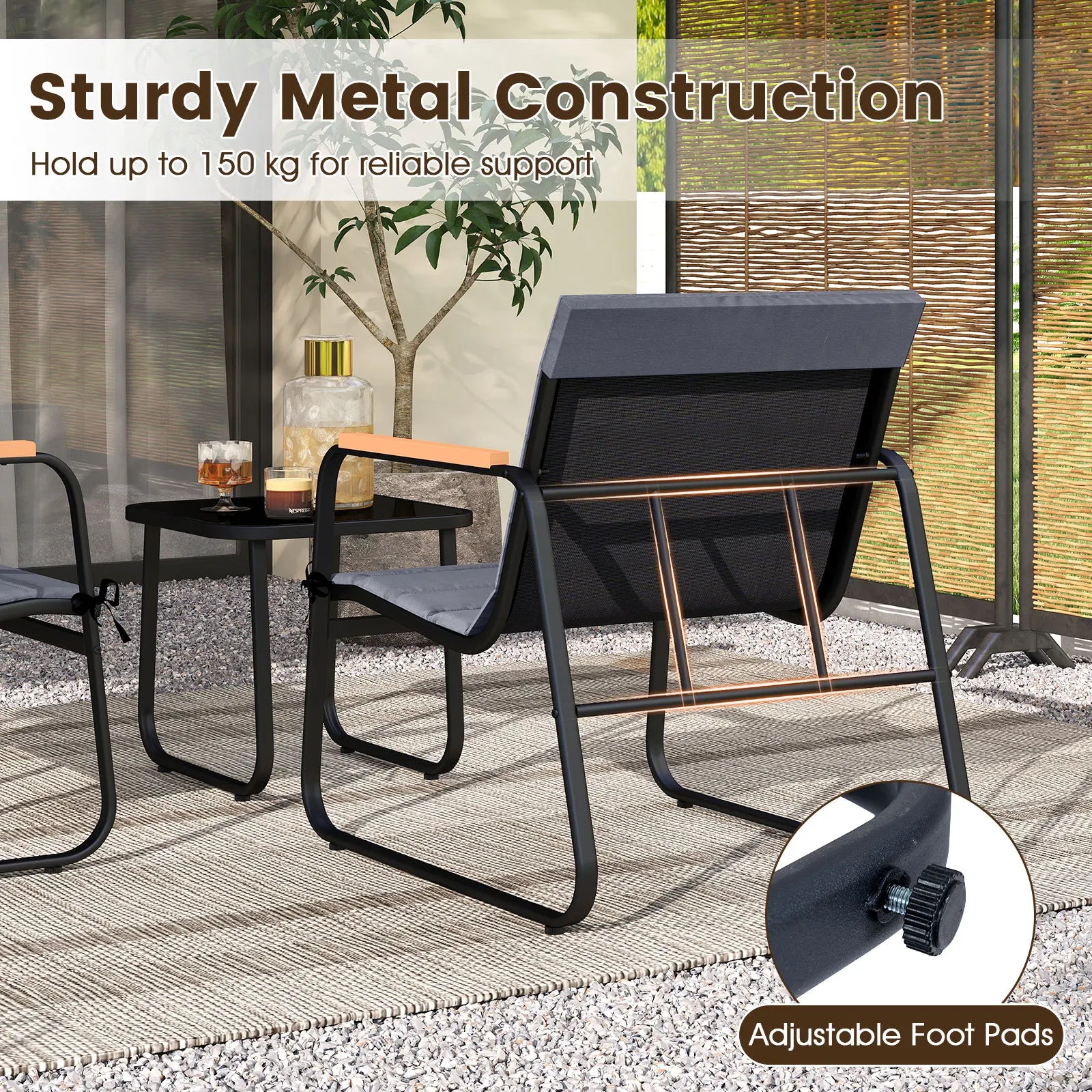 3 Pieces Patio Bistro Set, Outdoor Fabric Conversation Set with Cushions and Tempered Glass Coffee Table