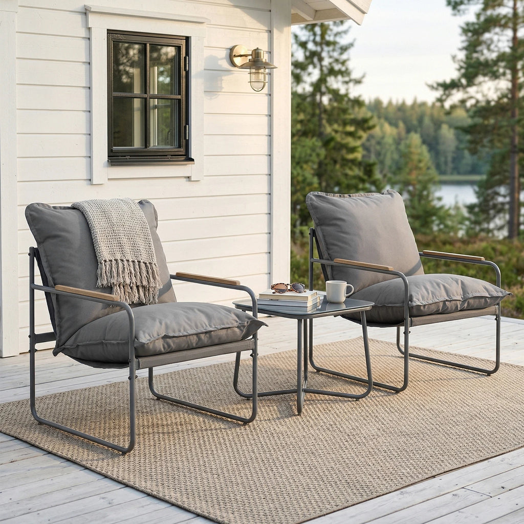 WOLTU Ergonomic Square Glass Top Table and 2 Armchairs with Cushion Seat Metal Frame Garden Furniture Set for Garden Balcony