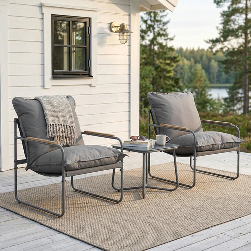 WOLTU Ergonomic Square Glass Top Table and 2 Armchairs with Cushion Seat Metal Frame Garden Furniture Set for Garden Balcony