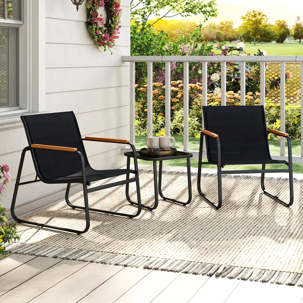 3 Pieces Patio Bistro Set, Outdoor Fabric Conversation Set with Cushions and Tempered Glass Coffee Table