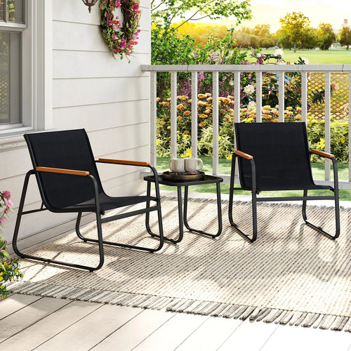 3 Pieces Patio Bistro Set, Outdoor Fabric Conversation Set with Cushions and Tempered Glass Coffee Table