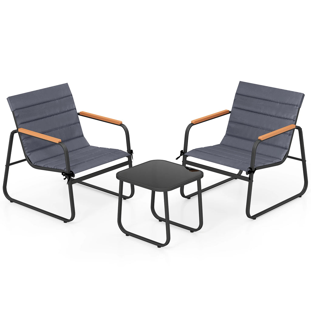 3 Pieces Patio Bistro Set, Outdoor Fabric Conversation Set with Cushions and Tempered Glass Coffee Table