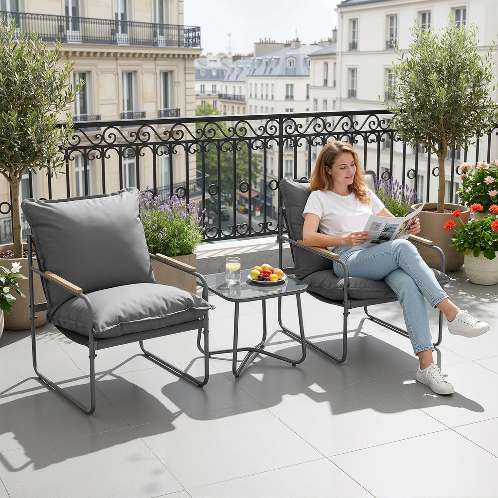 WOLTU Ergonomic Square Glass Top Table and 2 Armchairs with Cushion Seat Metal Frame Garden Furniture Set for Garden Balcony